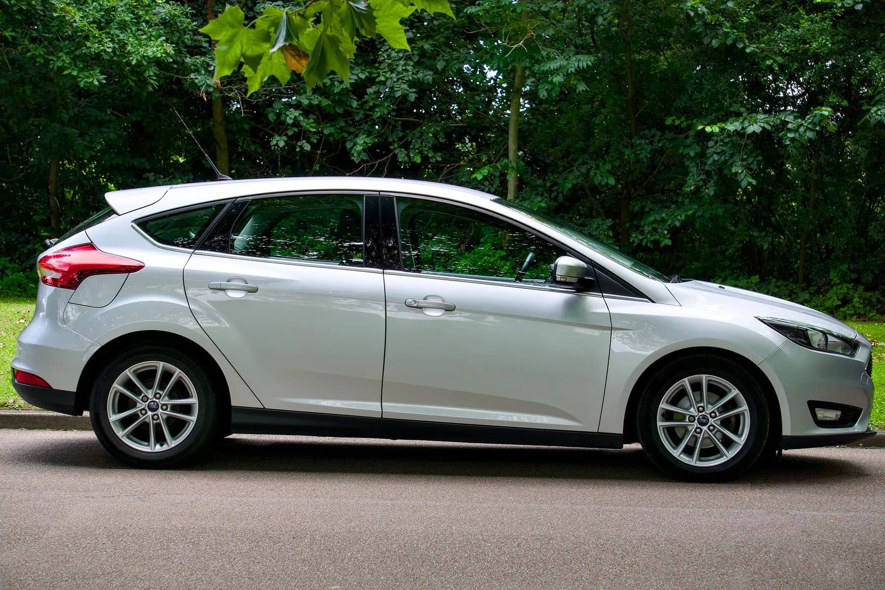 Ford Focus blanco de perfil, aparcado junto a unos árboles